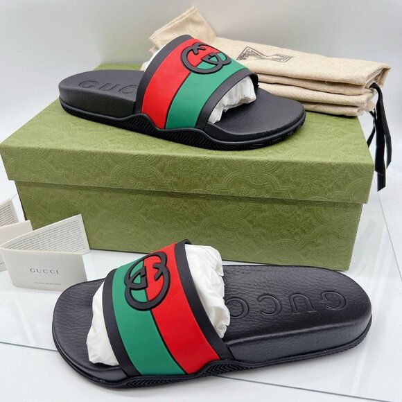 Gucci Agrado Interlocking G Logo Rubber Slide Sandals Black Mens UK 10 US 10.5 - Picture 2 of 16